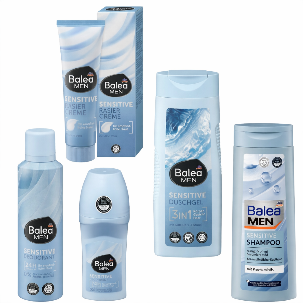 Pack Balea Men Sensitive - Shampoing + Gel Douche + Déodorant + Stick + Crème à raser