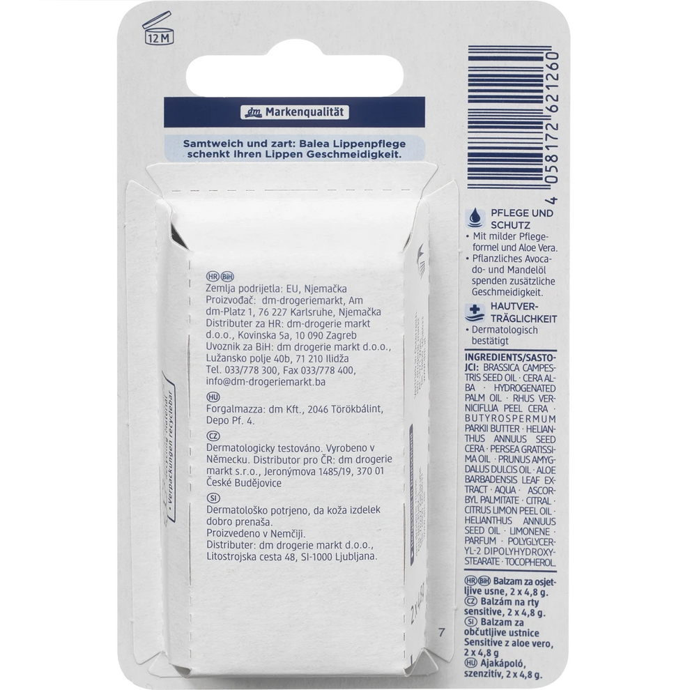 Balea - 2×Baume à lèvres pour lèvres sensibles, 9,6 g