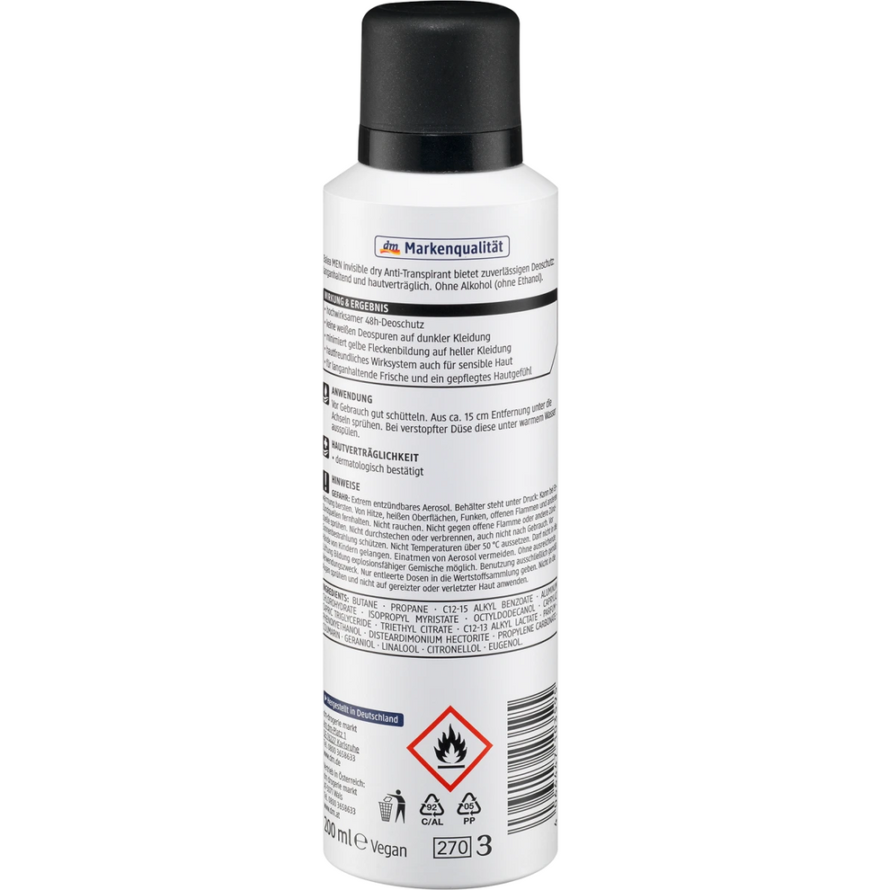 Balea Men - Déodorant anti-transpirant en spray Invisible Dry, 200 ml