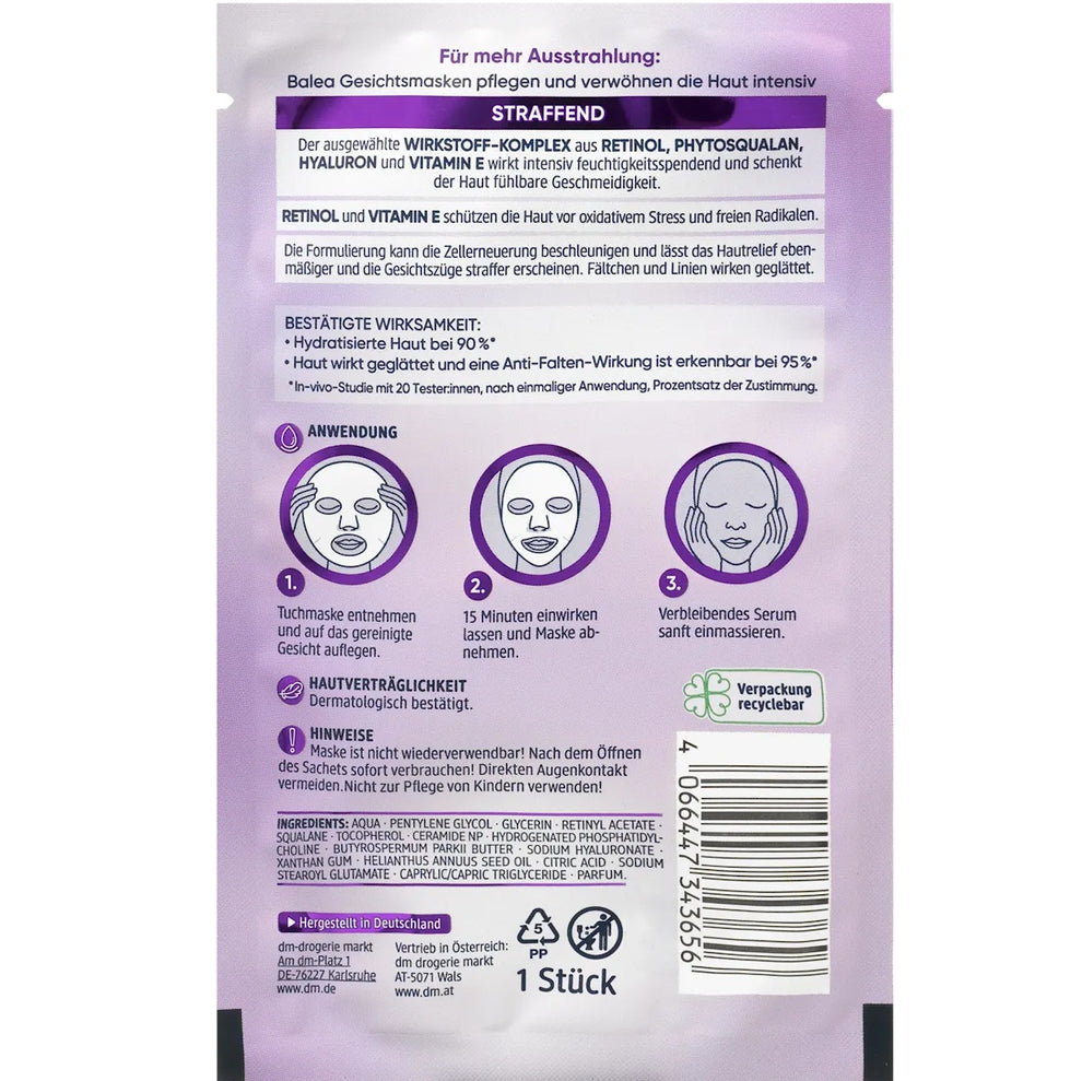 Balea - Masque en feuille au rétinol, 1 pièce